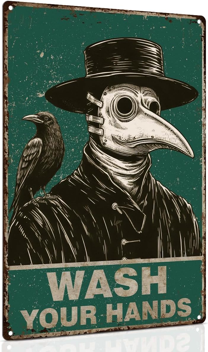 ALKB Gothic Plague Doctor Bathroom Sign 8x12” – "WASH YOUR HANDS" – Gothic Horror Decor, Dark Humor Handwashing Reminder, Novelty Gift - Image 1